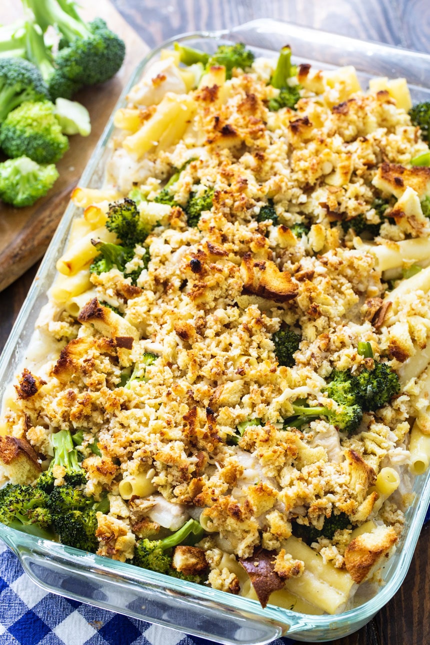 Chicken Ziti Casserole with Broccoli in a 9x13-inch baking dish.