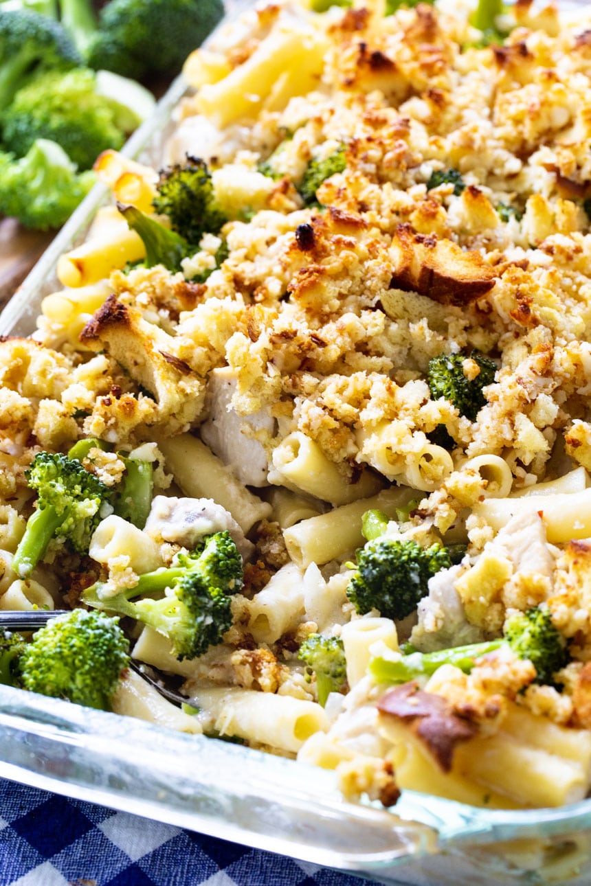 Chicken Broccoli & Ziti Casserole in baking dish.