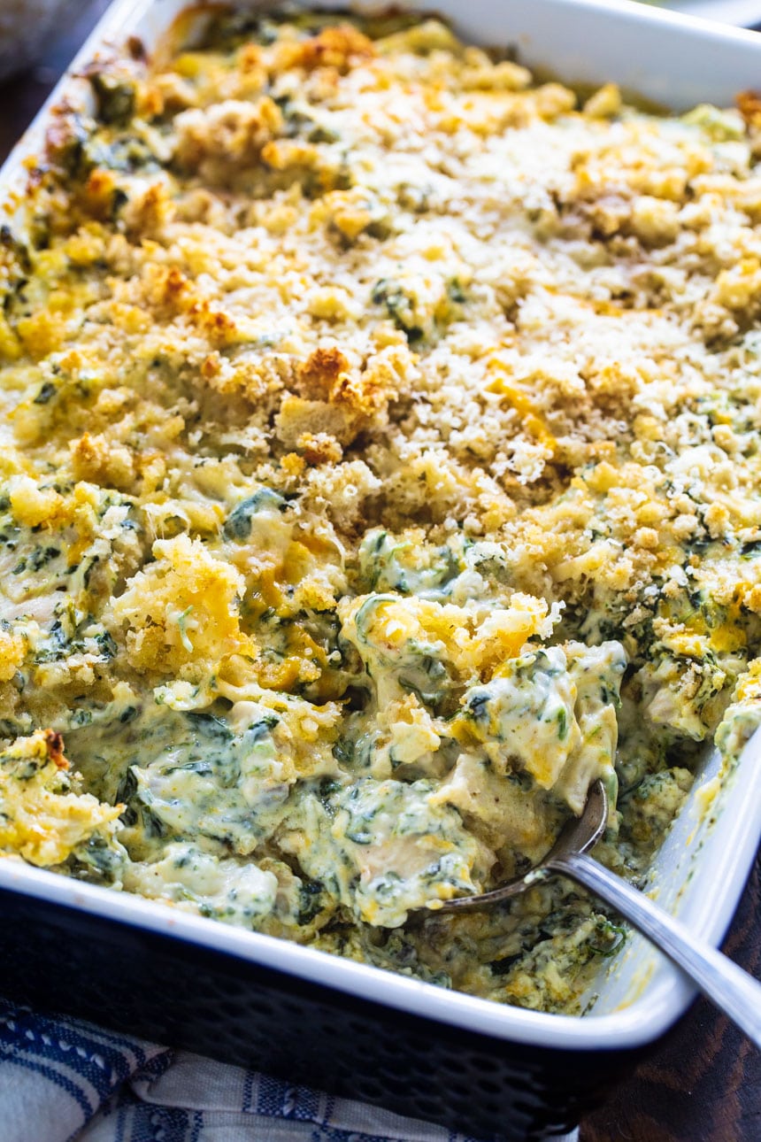 Chicken Florentine Casserole in a baking dish.