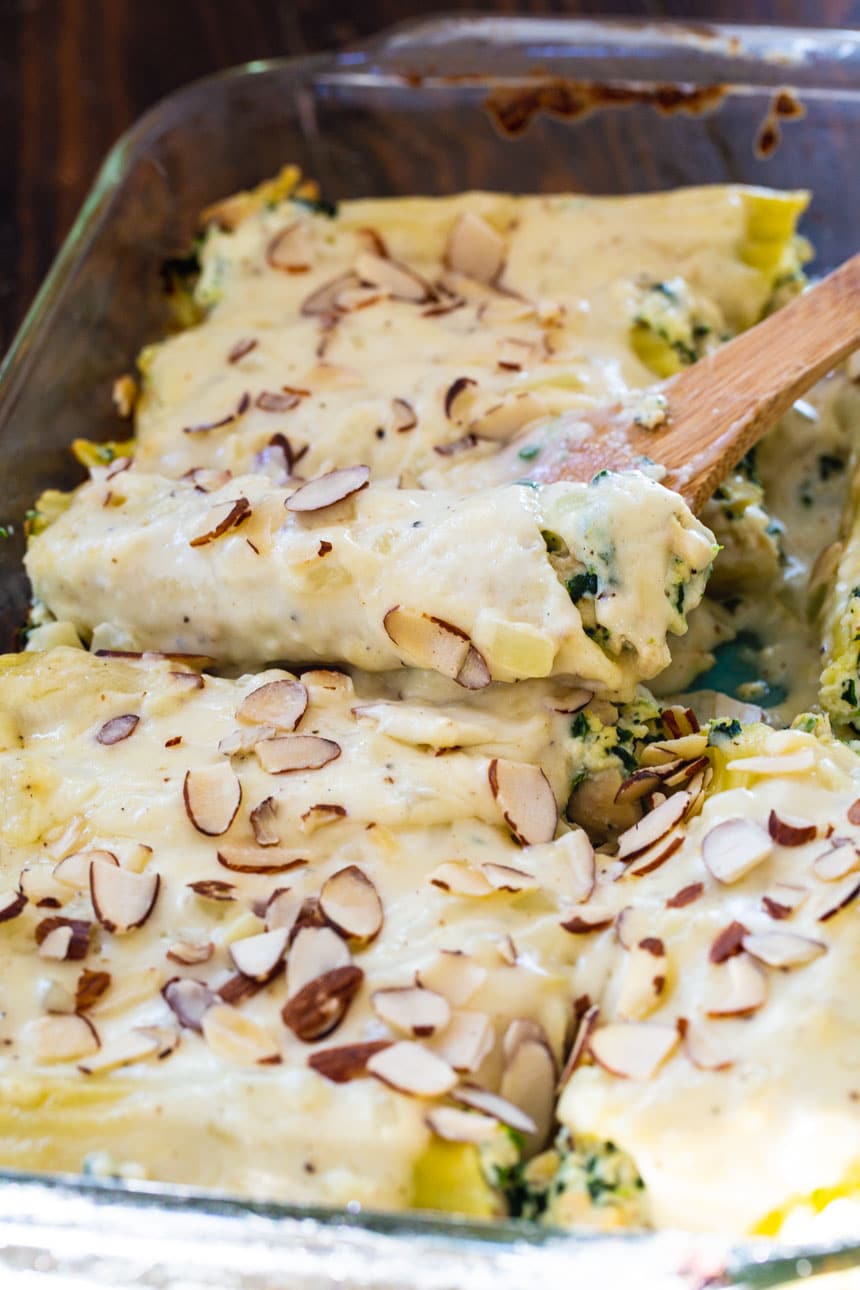 Chicken Manicotti in a 9x13-inch baking dish