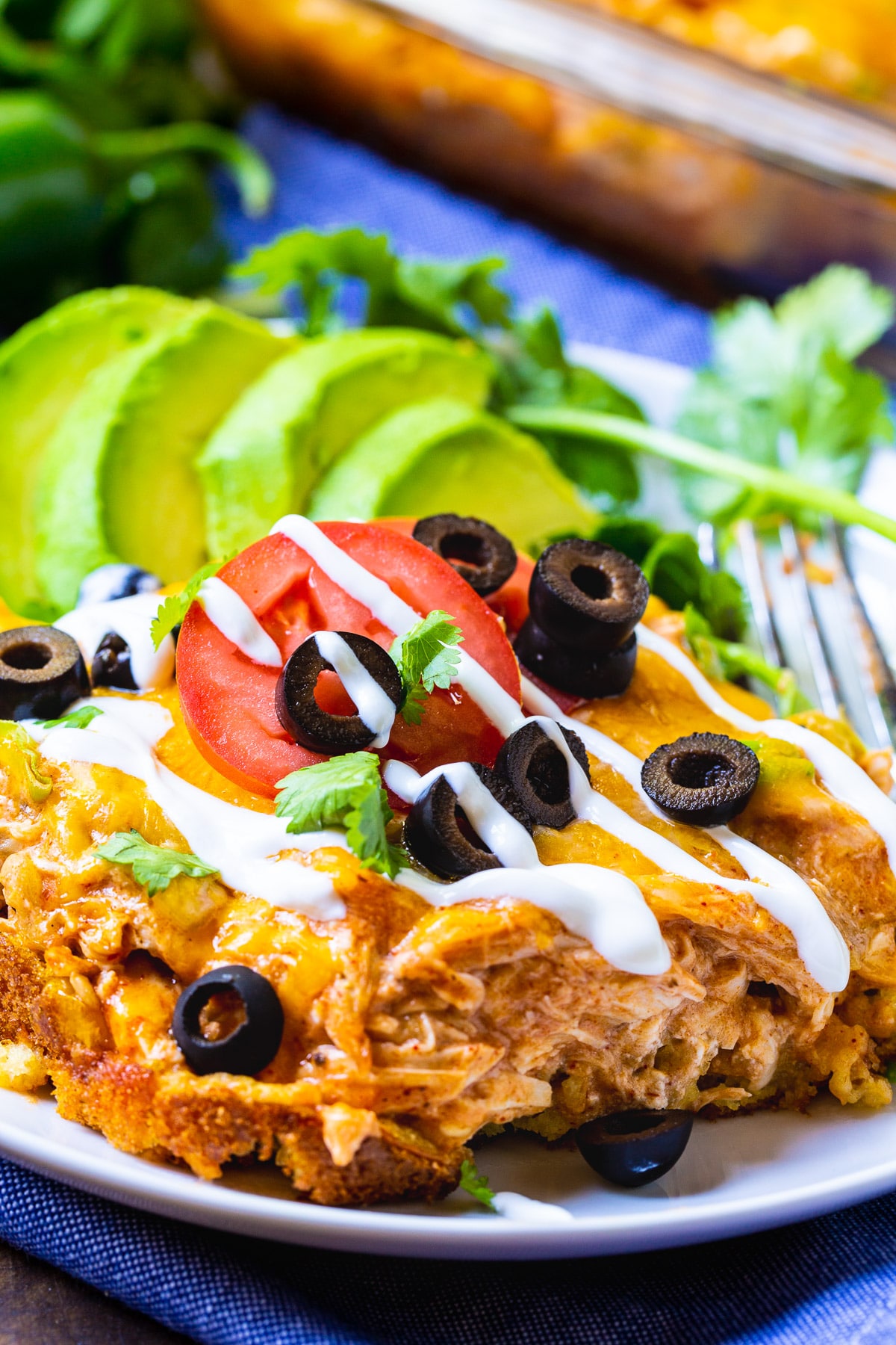 Slice of Chicken Tamale Casserole on a plate.