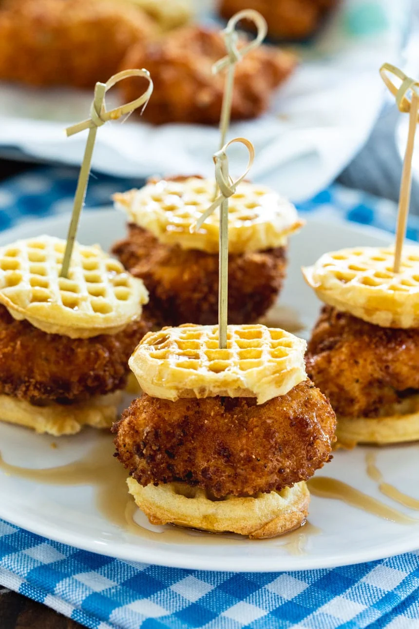 Mini Chicken and Waffle Sliders on a serving plate