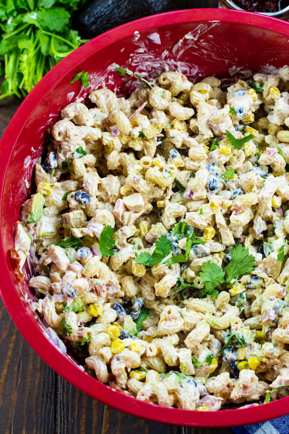 Pasta Salad in a large red mixing bowl.