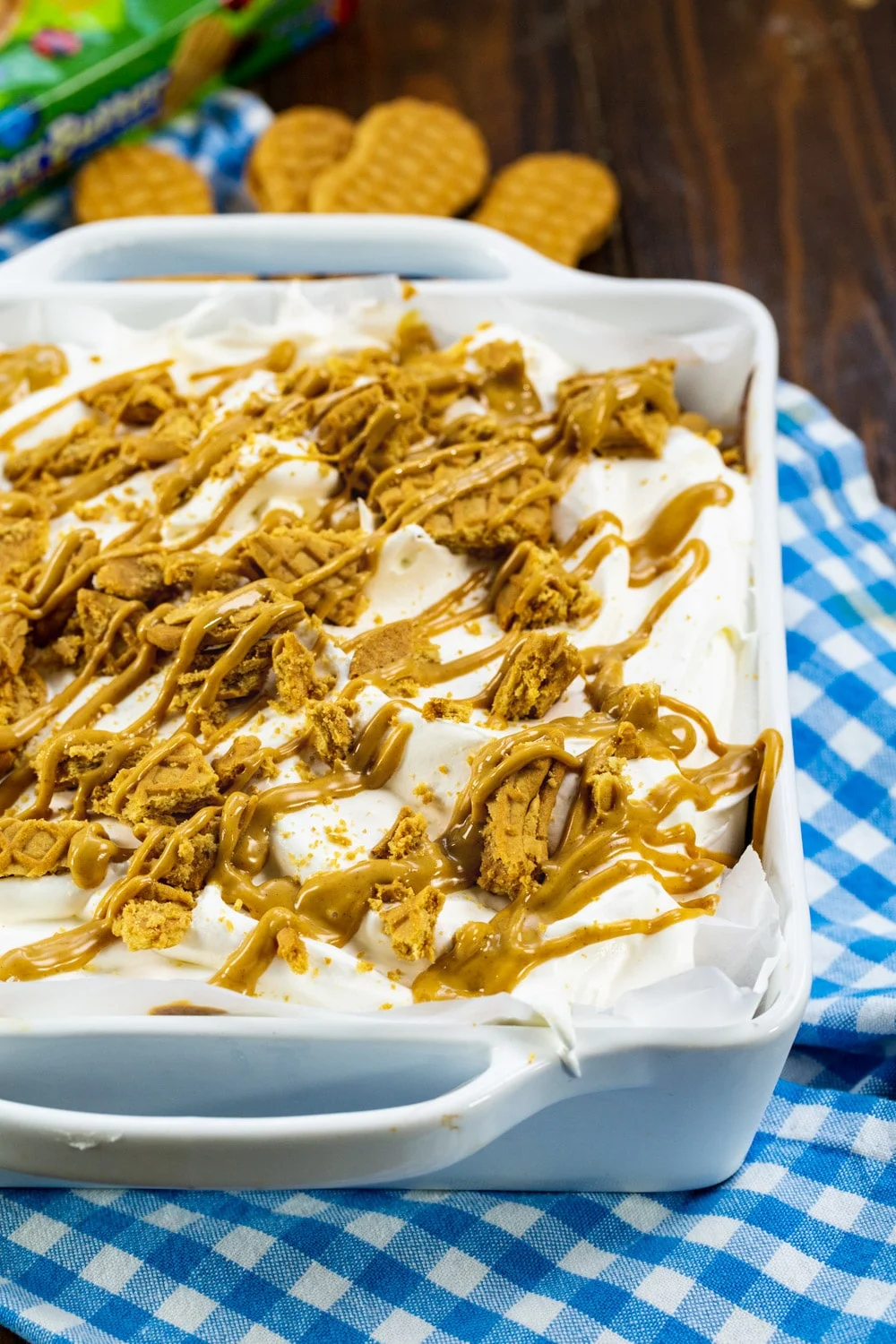Nutter Butter Icebox Cake in square baking dish.