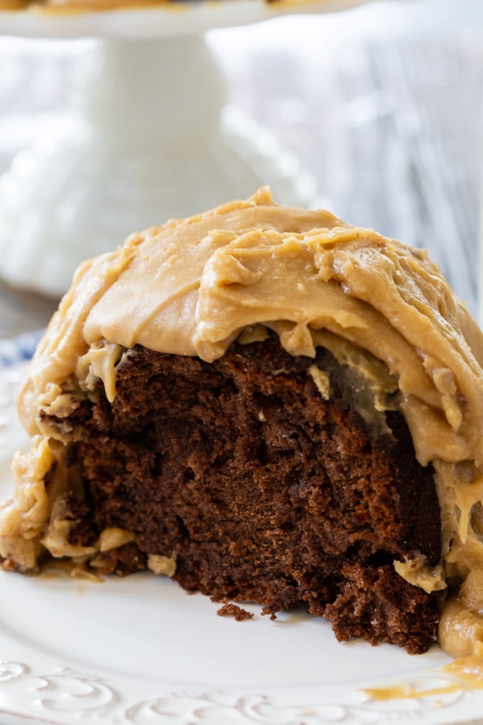 Slice of Chocolate POund Cake with Caramel Icing