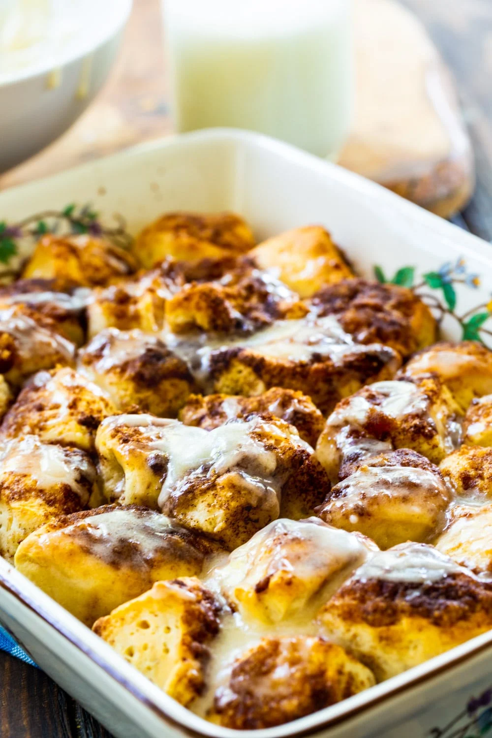 Cinnamon Roll Bites in a baking dish.