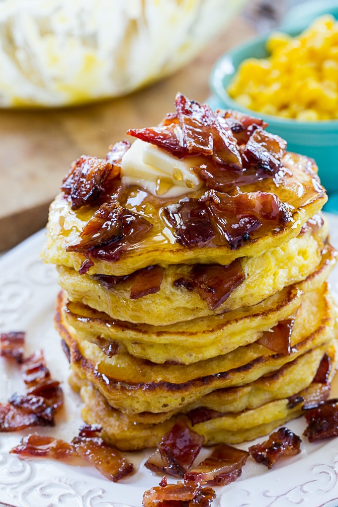 Sweet Corn and Candied Bacon Pancakes