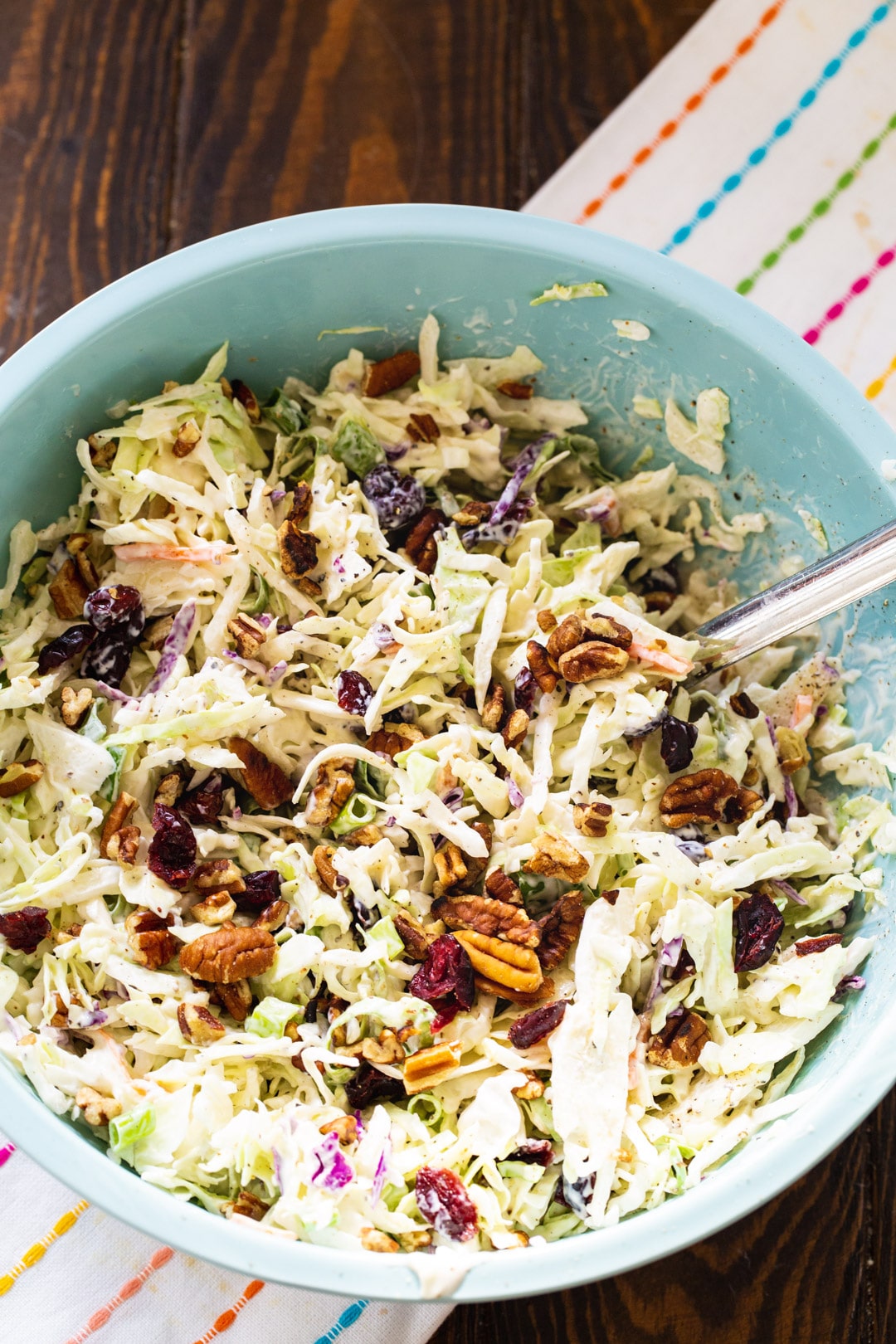 Cranberry Coleslaw in large blue bowl.