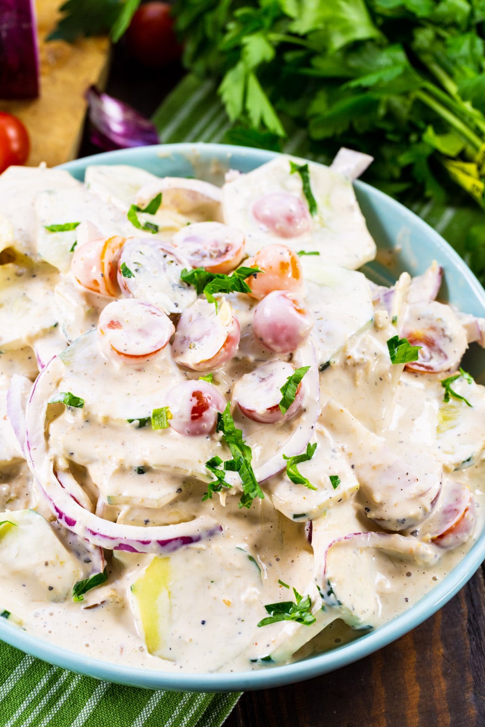 Creamy Cucumbers in a serving bowl.