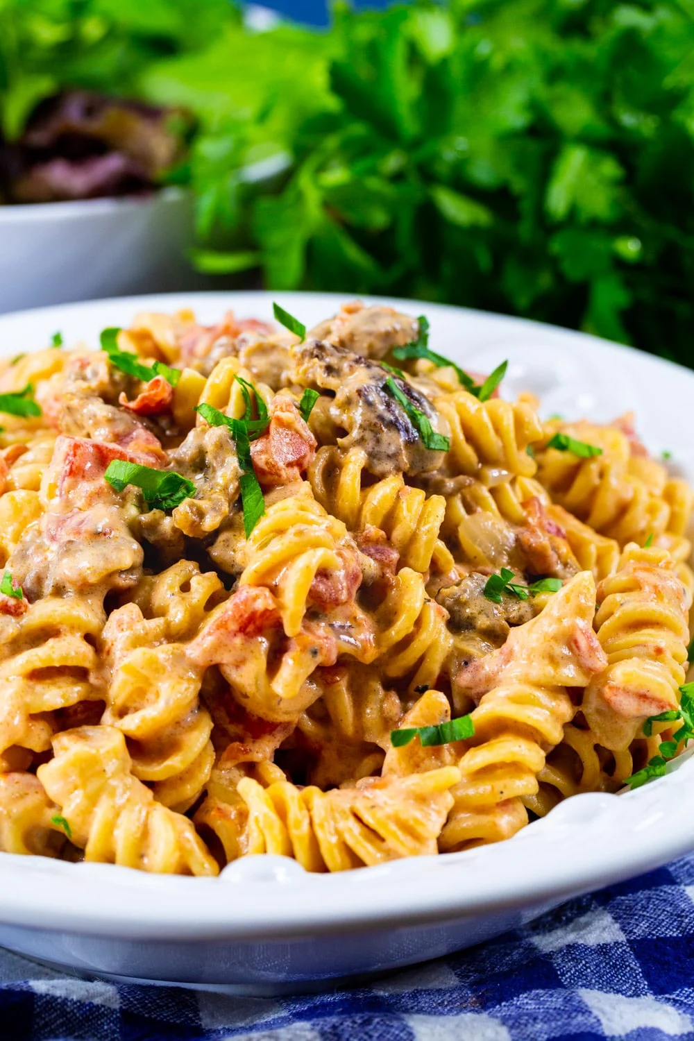 Creamy Rotel Pasta with Sausage in bowl with parsley in background.