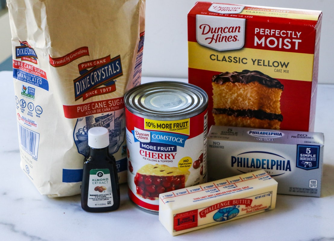 Ingredients needed for Cherries and Cream Dump Cake.