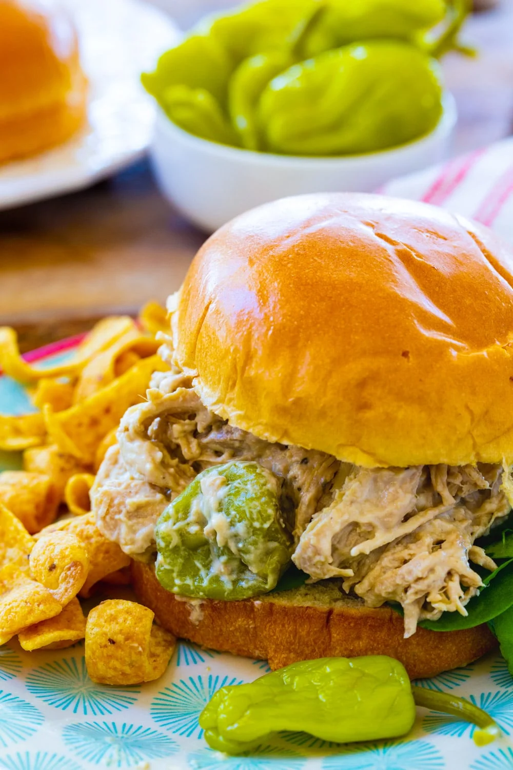 Creamy Mississippi Chicken on a bun.