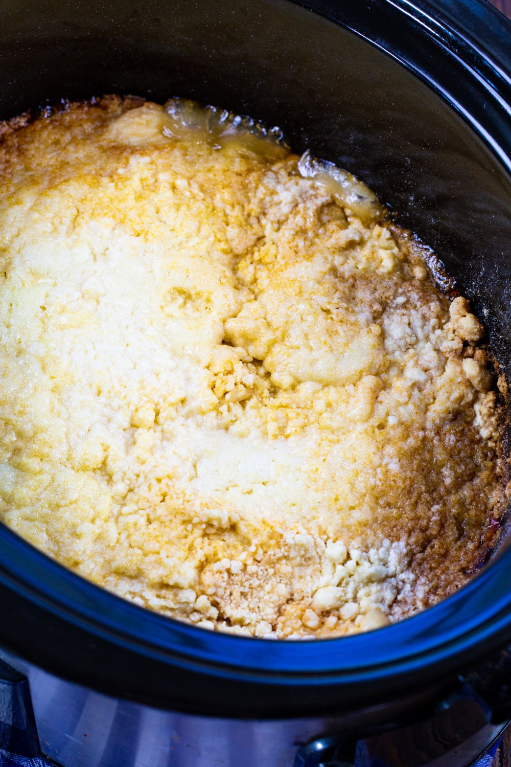 Cooked Peaches and Cream Cake in slow cooker.