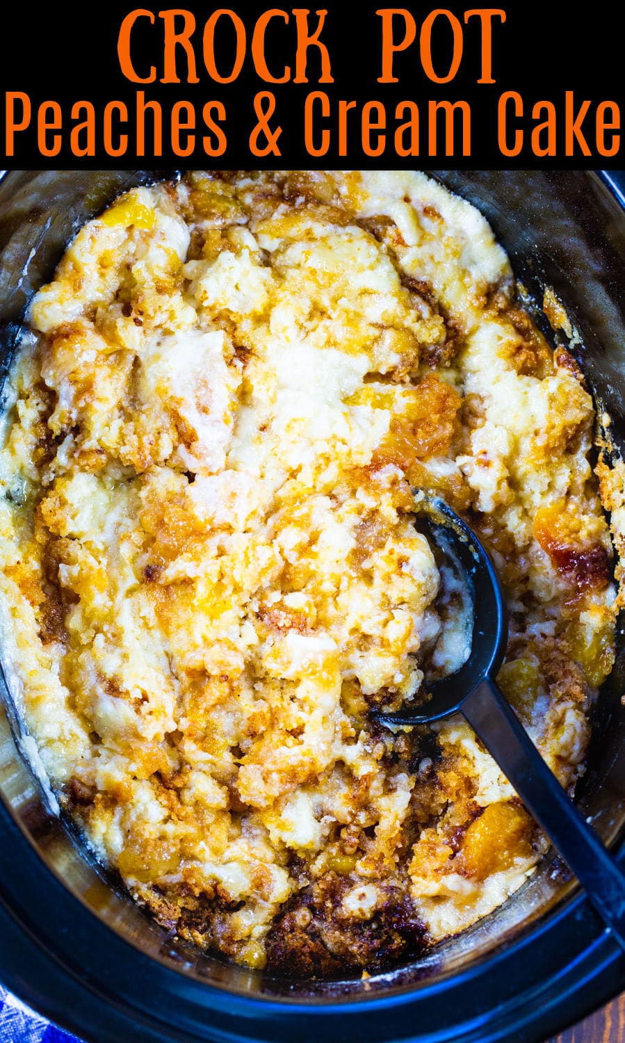 Crock Pot Peaches and Cream Cake in slow cooker.