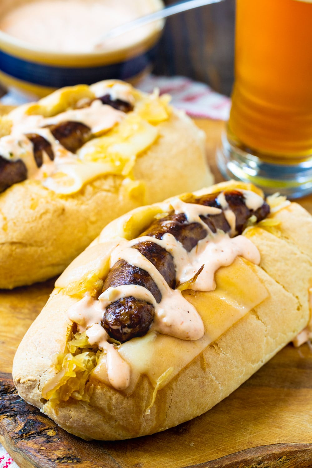 Crock Pot Reuben Brats in buns.
