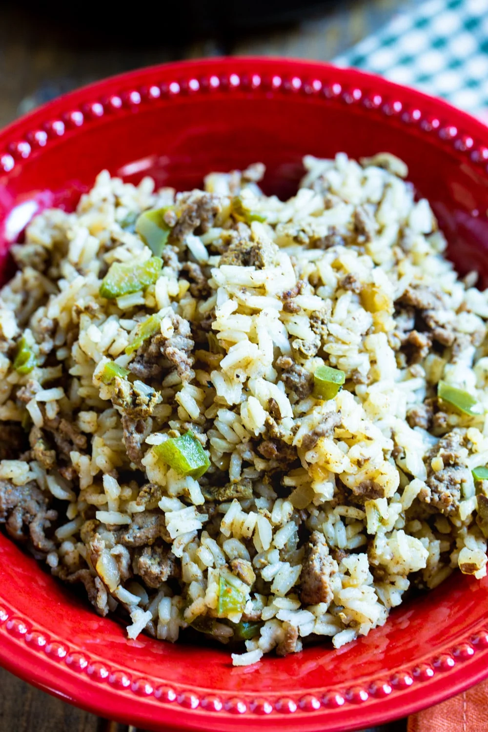 Rice in a red bowl.