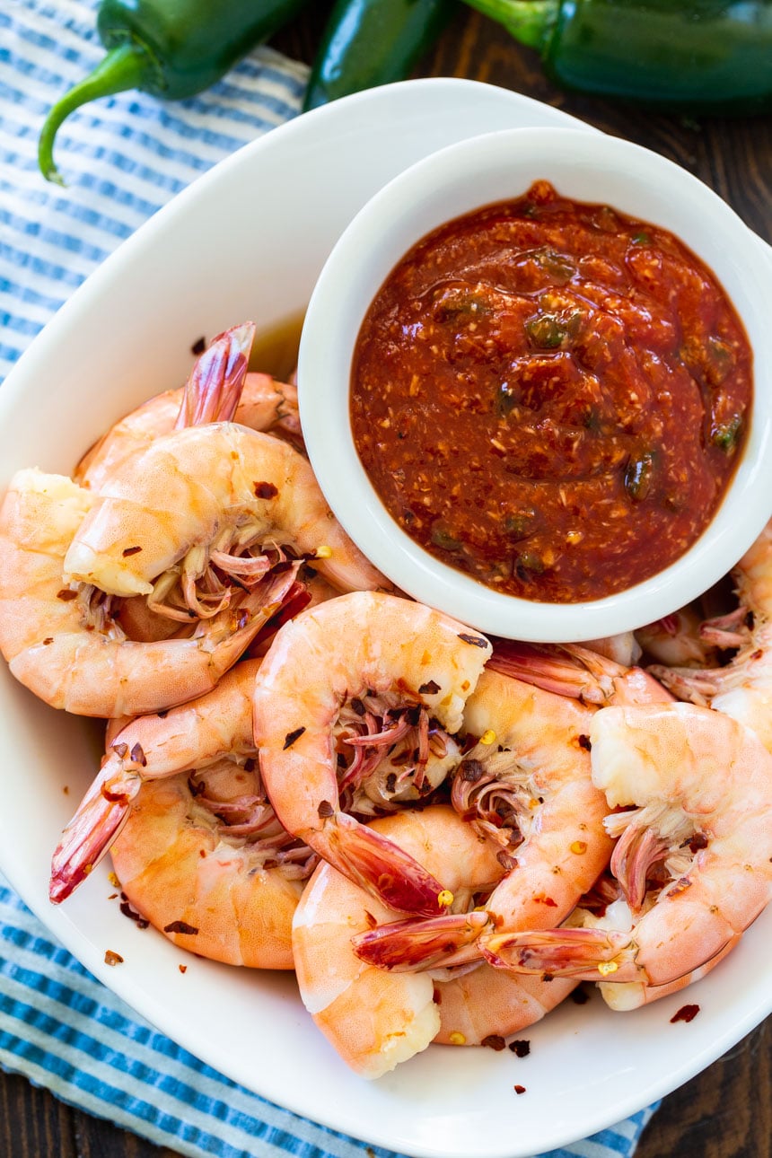 Drunken Shrimp with Roasted Jalapeno Cocktail Sauce
