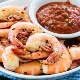 Shrimp cooked in beer served with roasted jalapeno cocktail sauce.