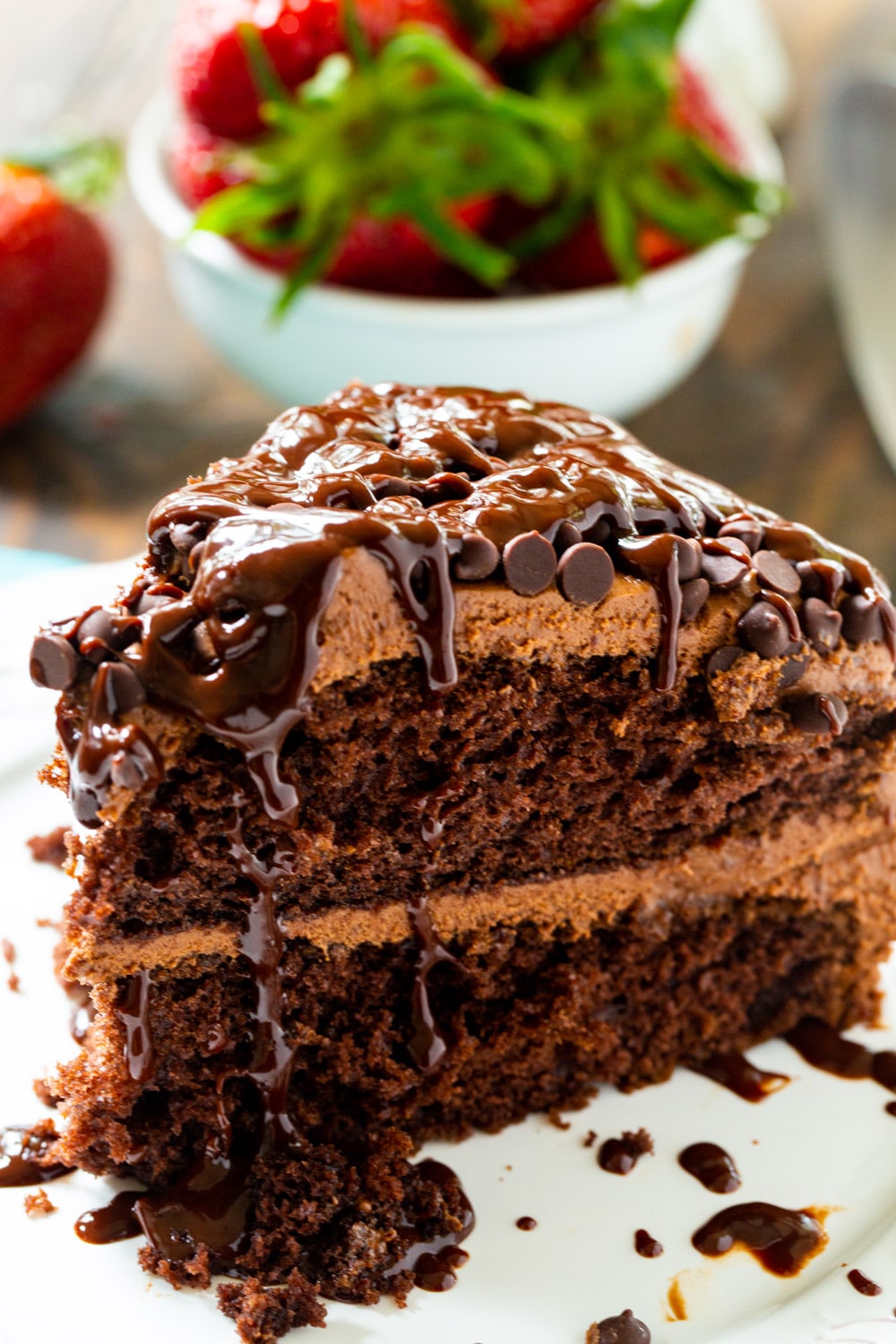 Death by Chocolate Cake on a white plate.
