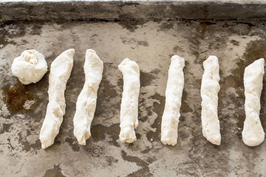 Biscuit dough stretched into ropes.