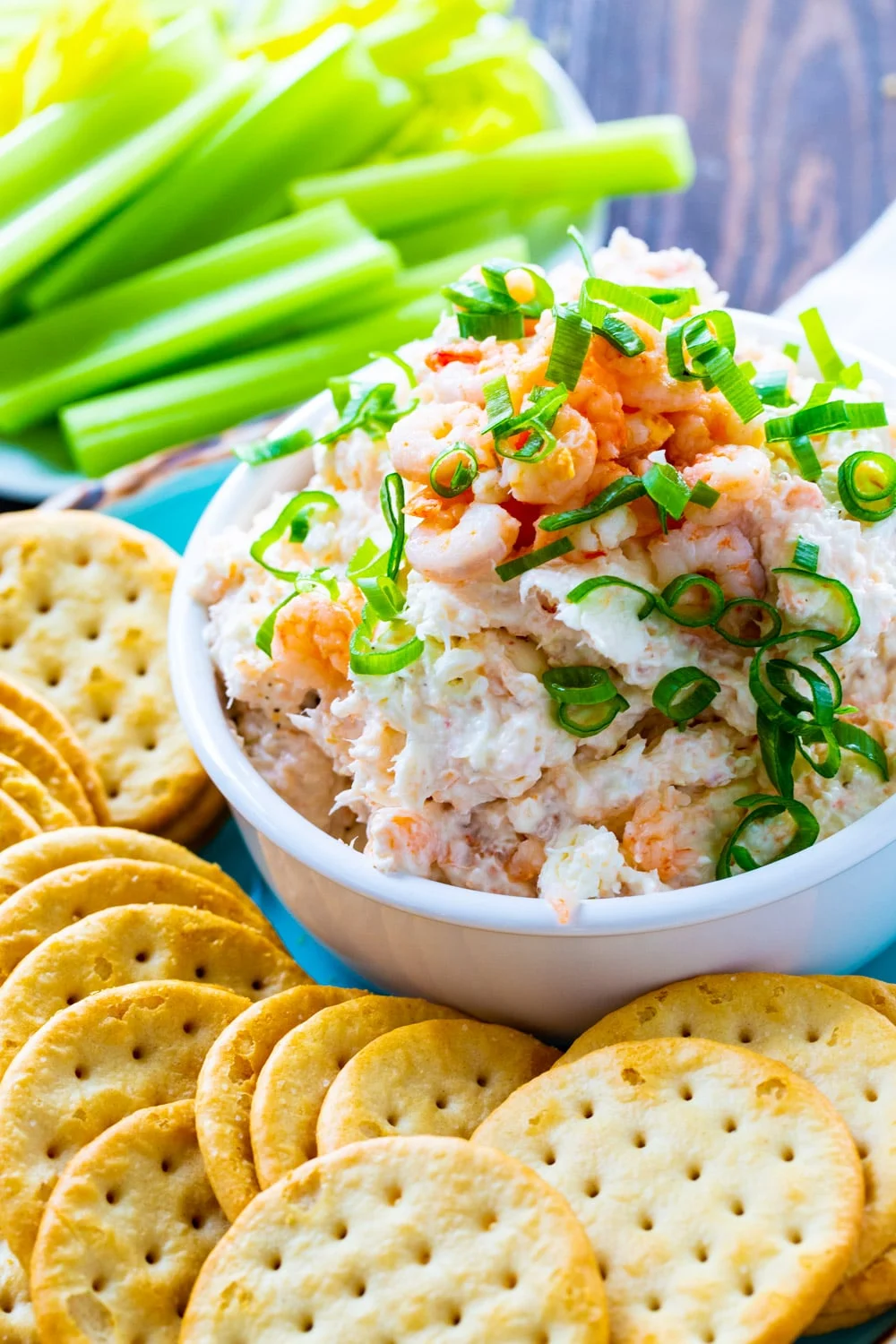 Easy Shrimp Spread in a bowl with crackers.