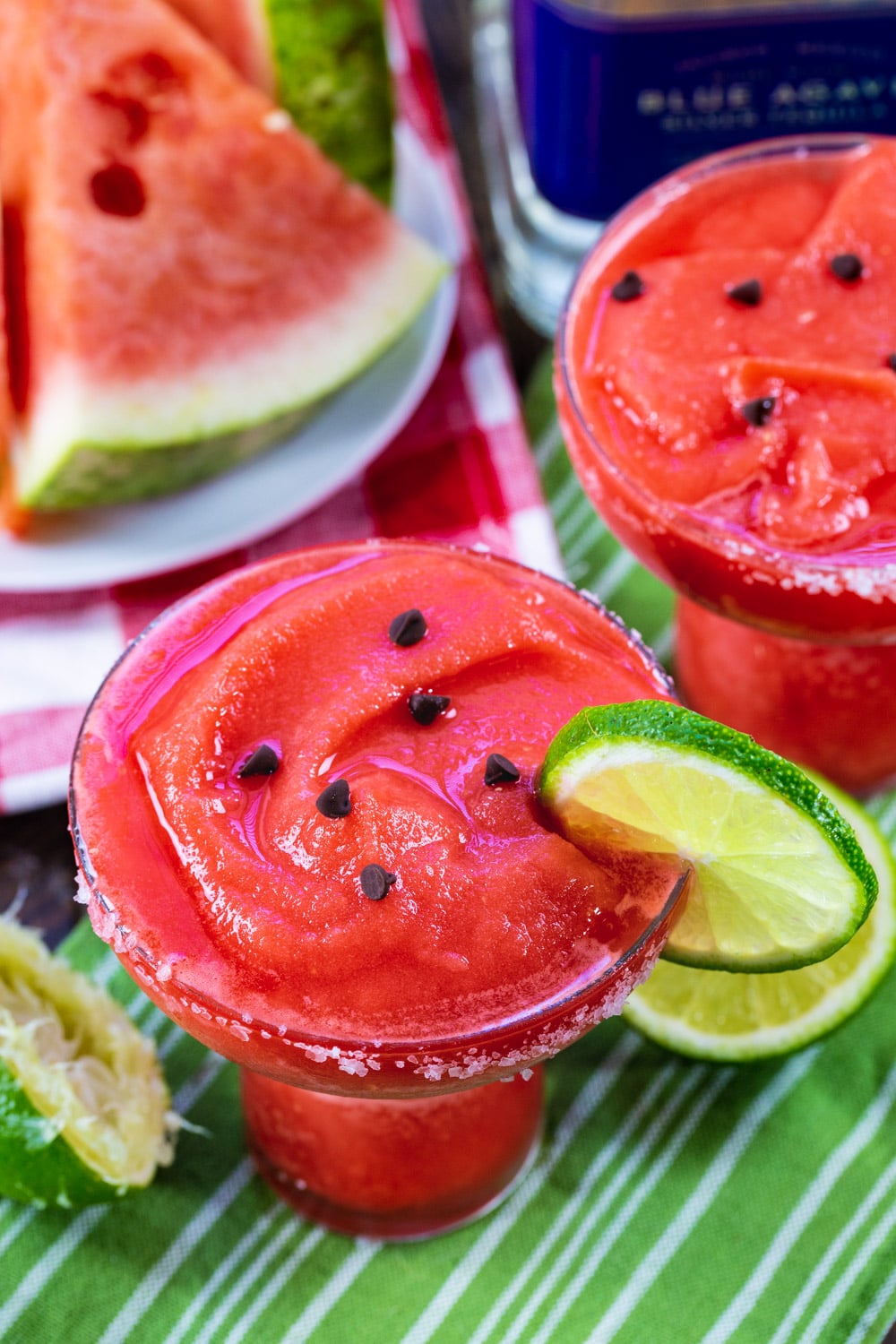 Frozen Watermelon Margarita with mini chocolate chips to look like seeds.