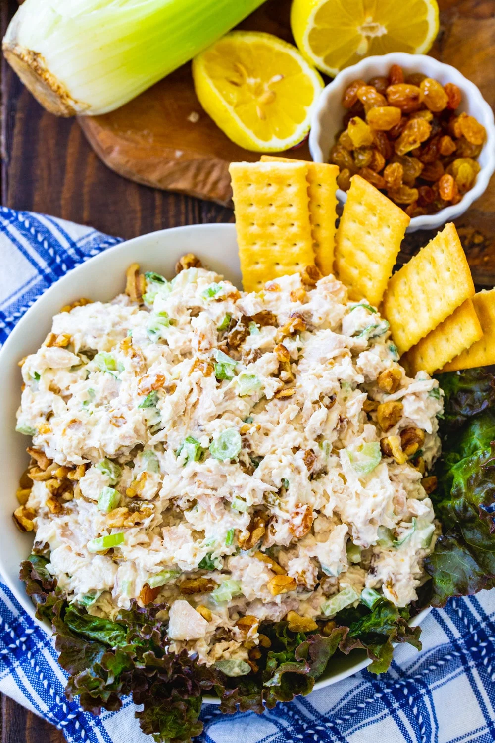 Overhead view of Golden Chicken Salad with bowl of raisins.