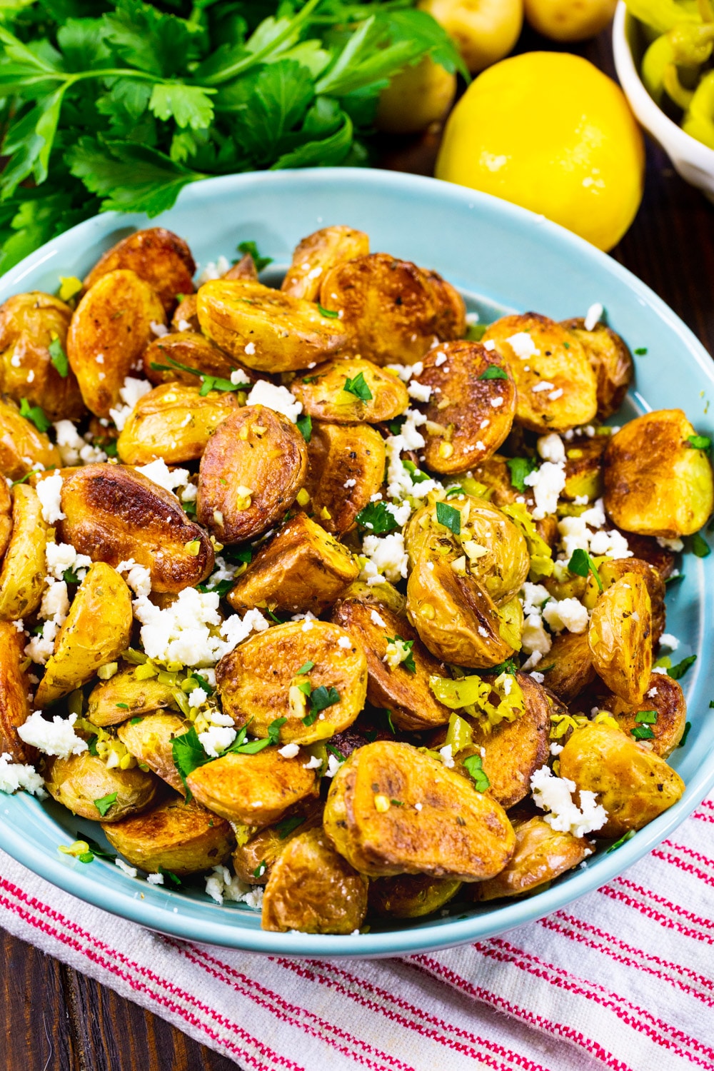 Roasted Potatoes in a blue bowl.