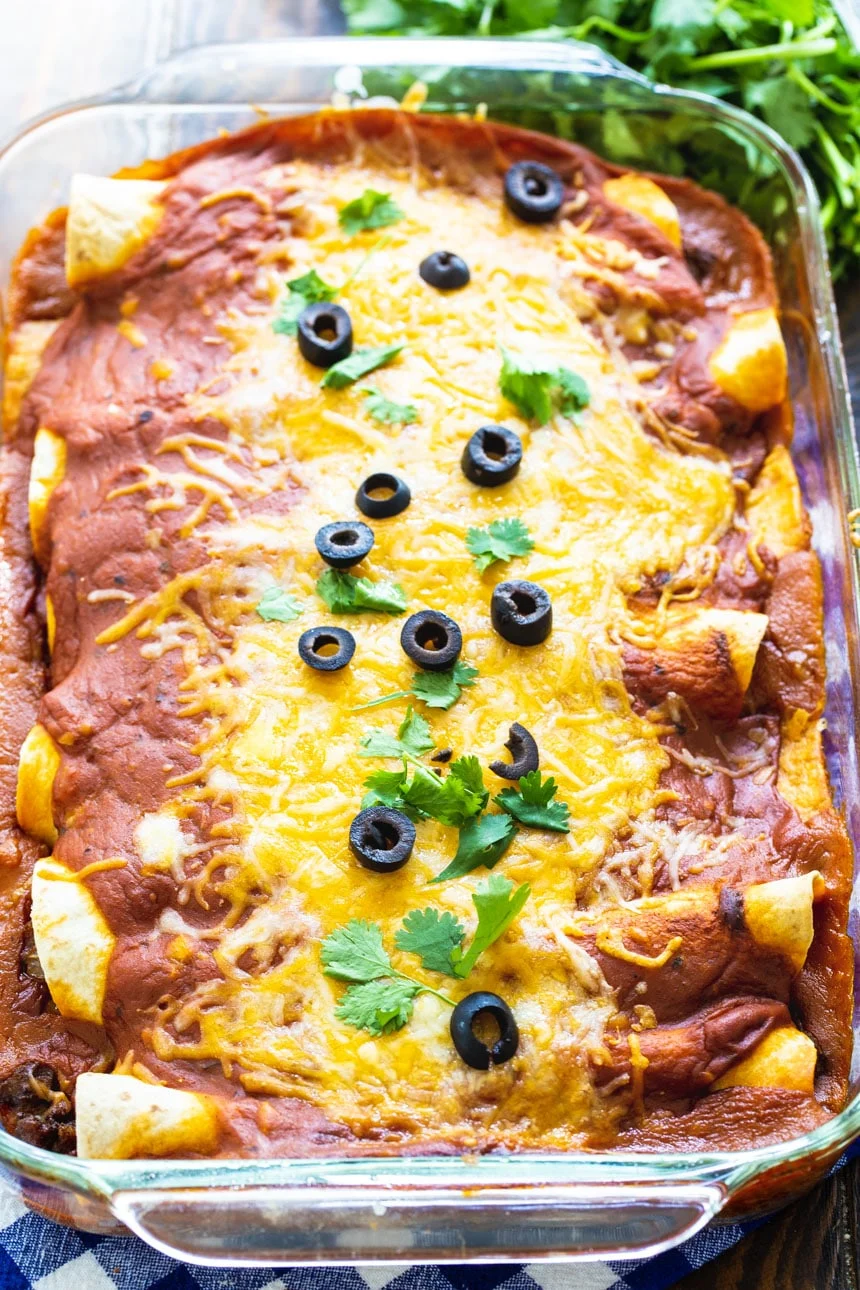 Ground Beef Enchiladas in a 9x13-inch baking dish.