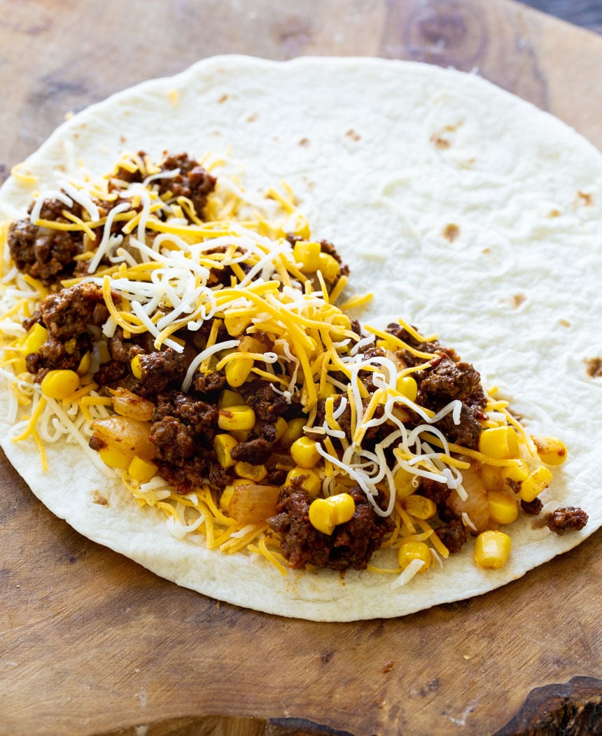Place the filling on the flour tortilla.