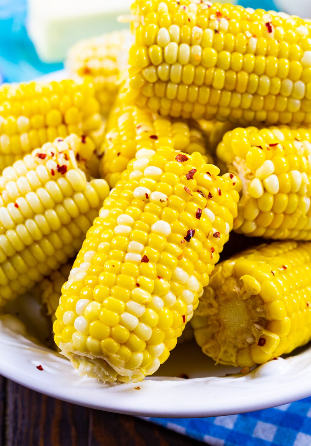 Southern Hot Honey Butter Corn piled up on a serving plate.