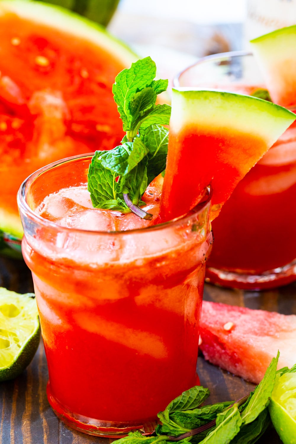 Watermelon Cocktail in a glass with mint and watermelon slices.
