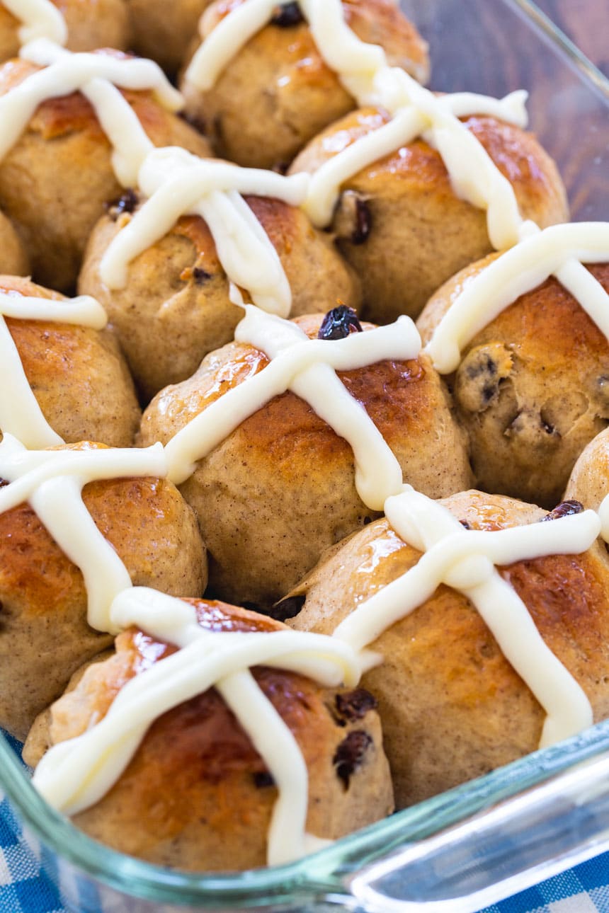 Hot Cross Buns in baking pan.