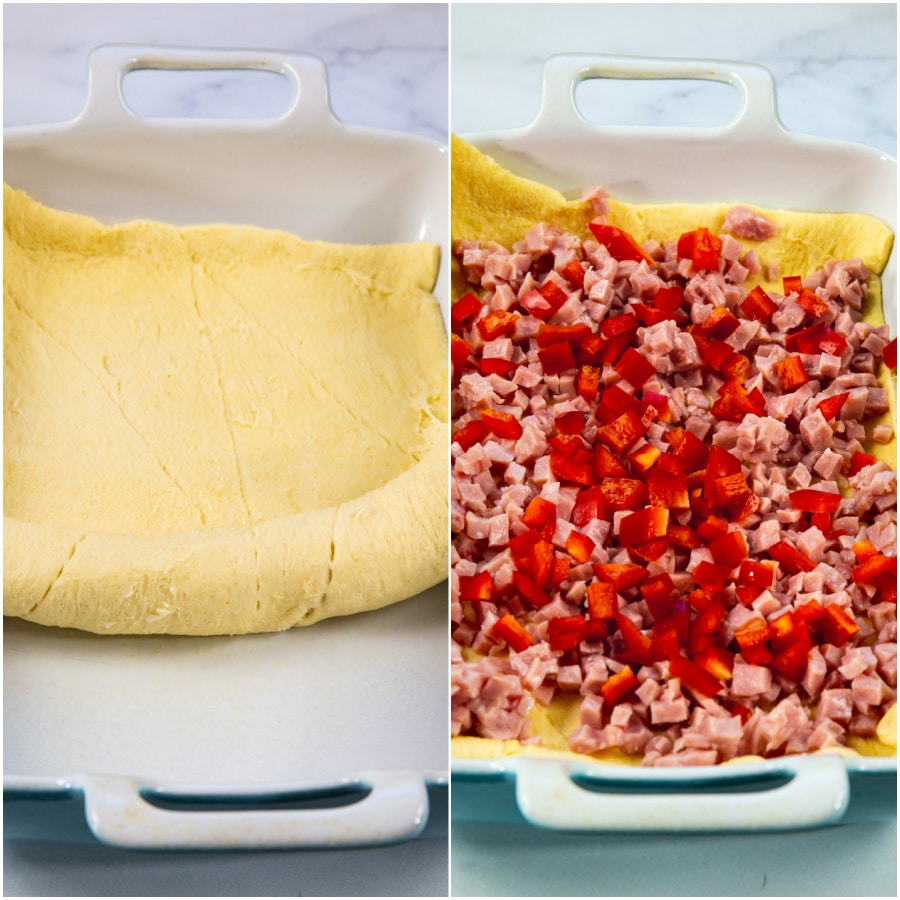 Collage picture showing dough being unrolled in pan and ham and pepper placed on top.