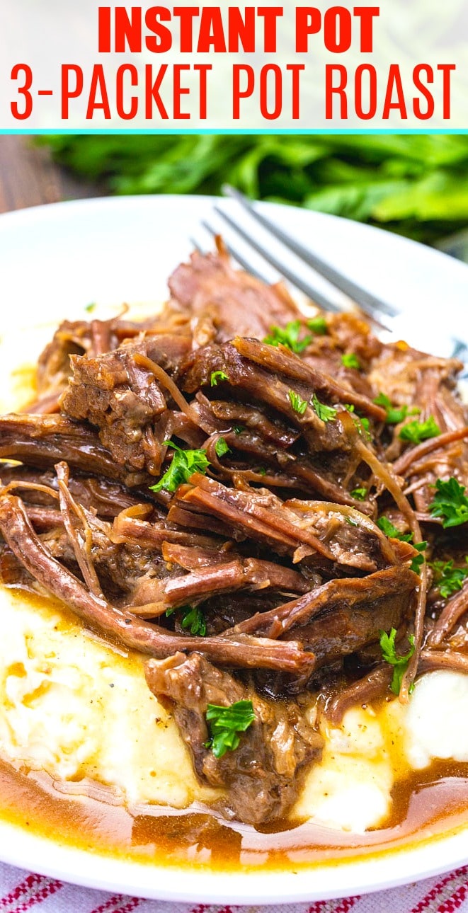 Instant Pot Pot Roast served over mashed potatoes