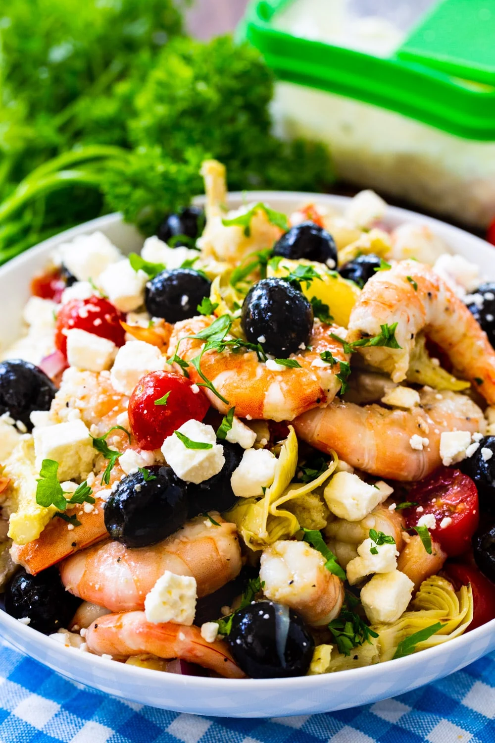 Italian Marinated Shrimp in a serving bowl.in a
