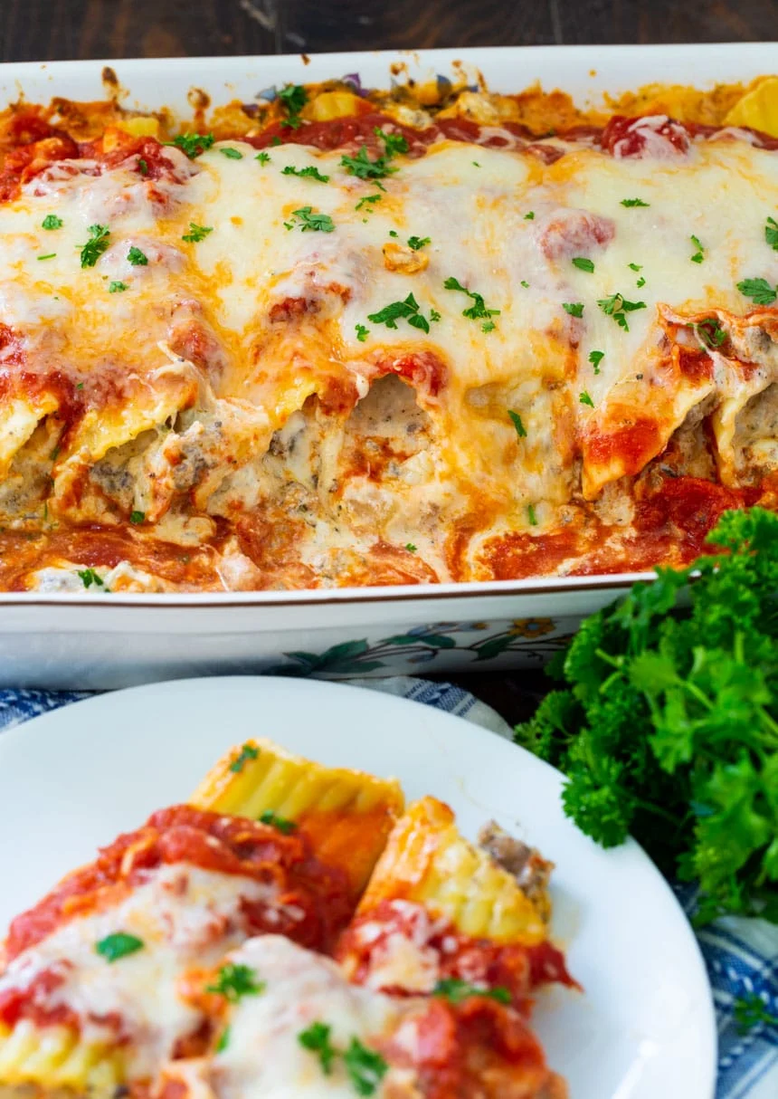 Italian Sausage Manicotti cooked in a 9x13-inch baking dish