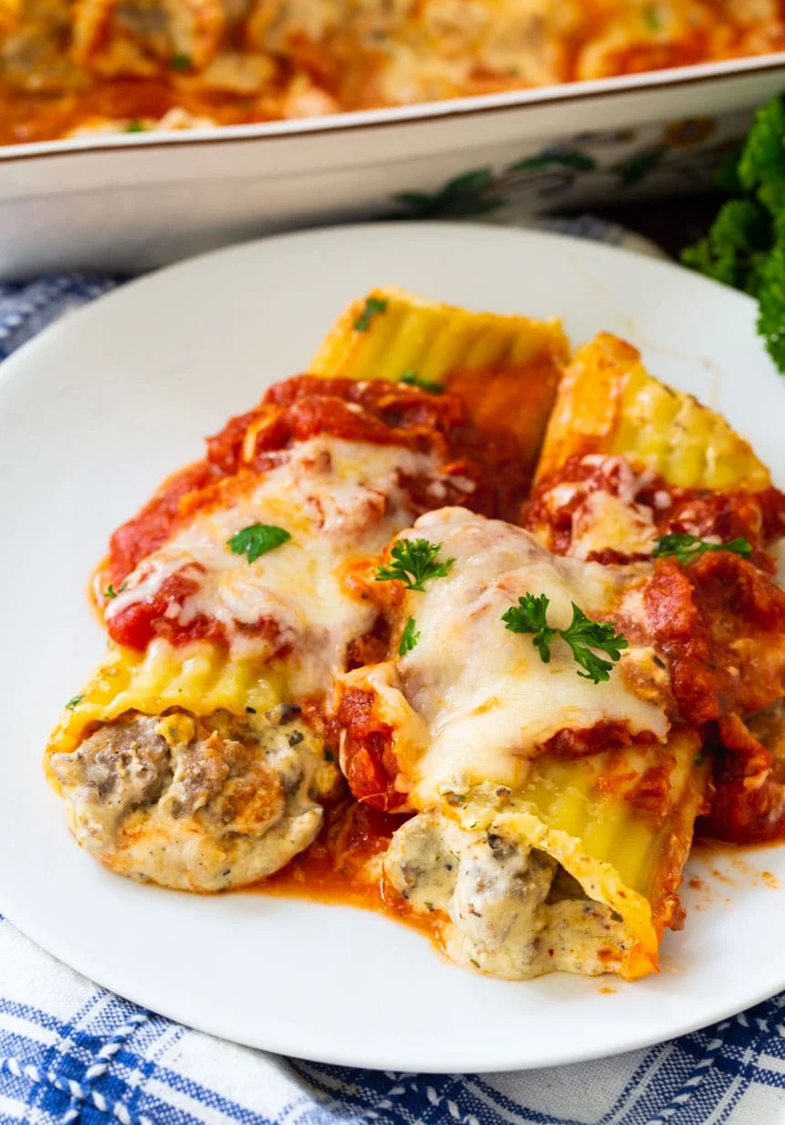 Italian Sausage Manicotti served on a white plate
