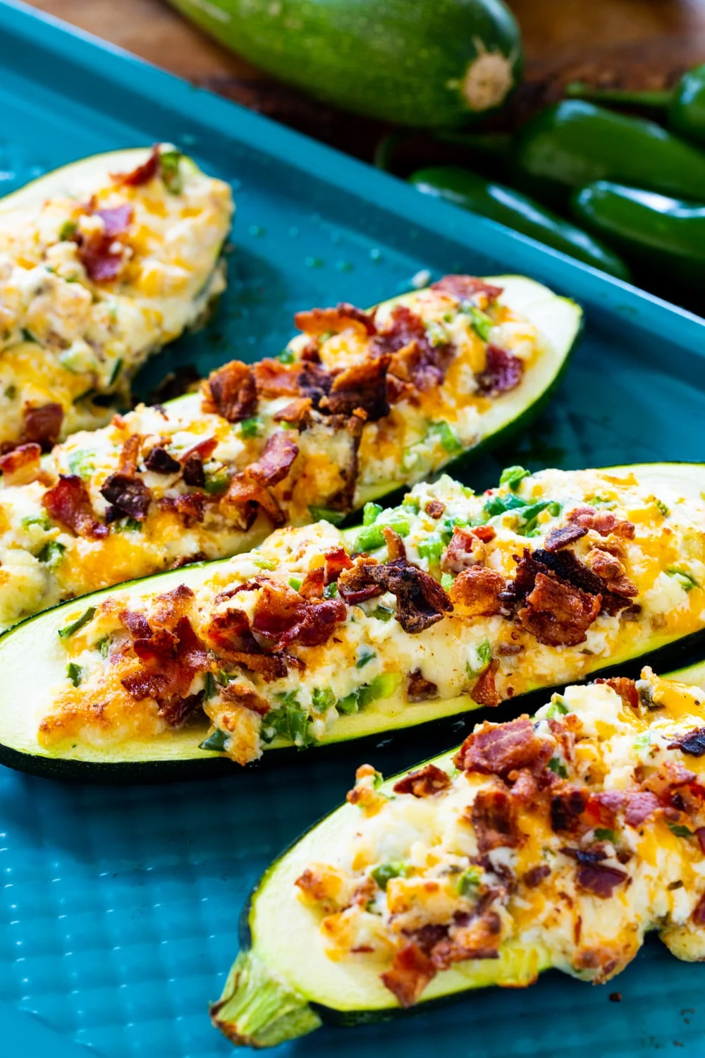 Close-up of 4 zucchini boats.
