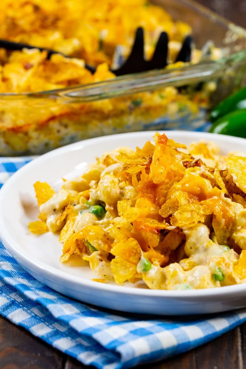 Jalapeno Tuna Noodle Casserole dished up on a plate.