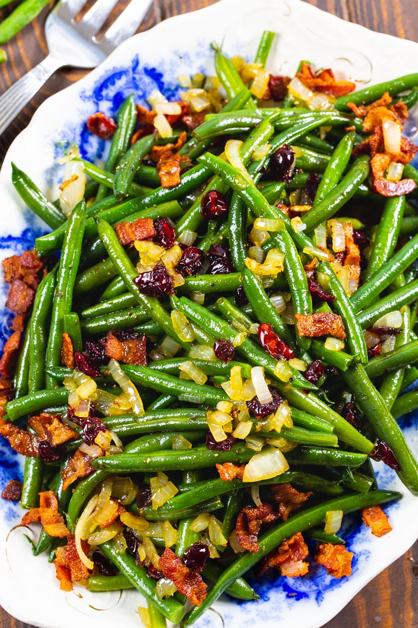 Overhead of Maple-Glazed Green Beans on serving platter.