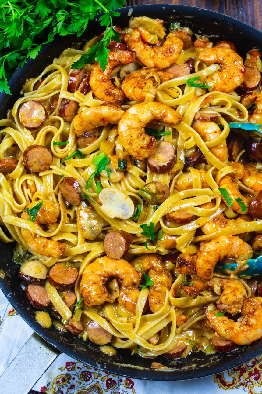 Overhead of Mardi Gras Pasta in large skillet.