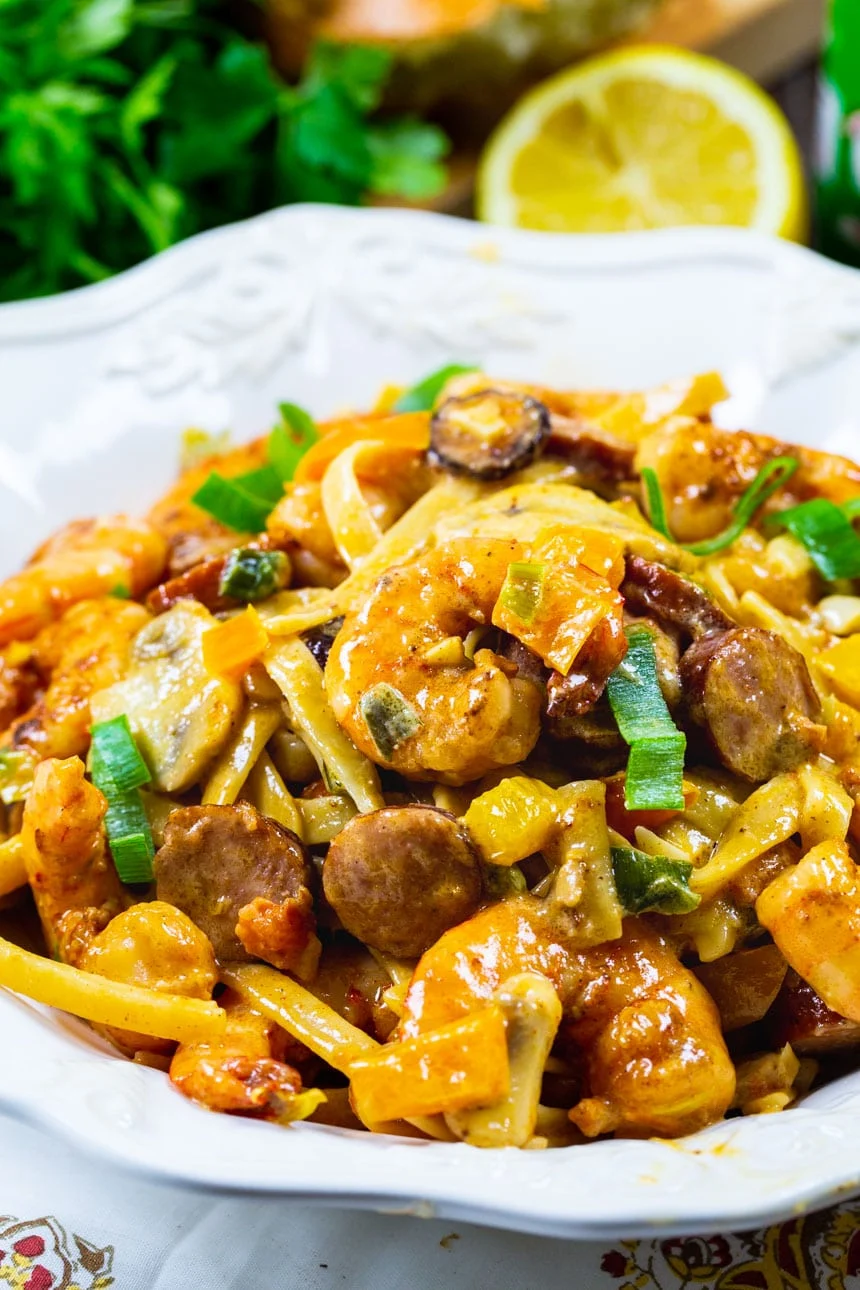 Mardi Gras Pasta in a white bowl.