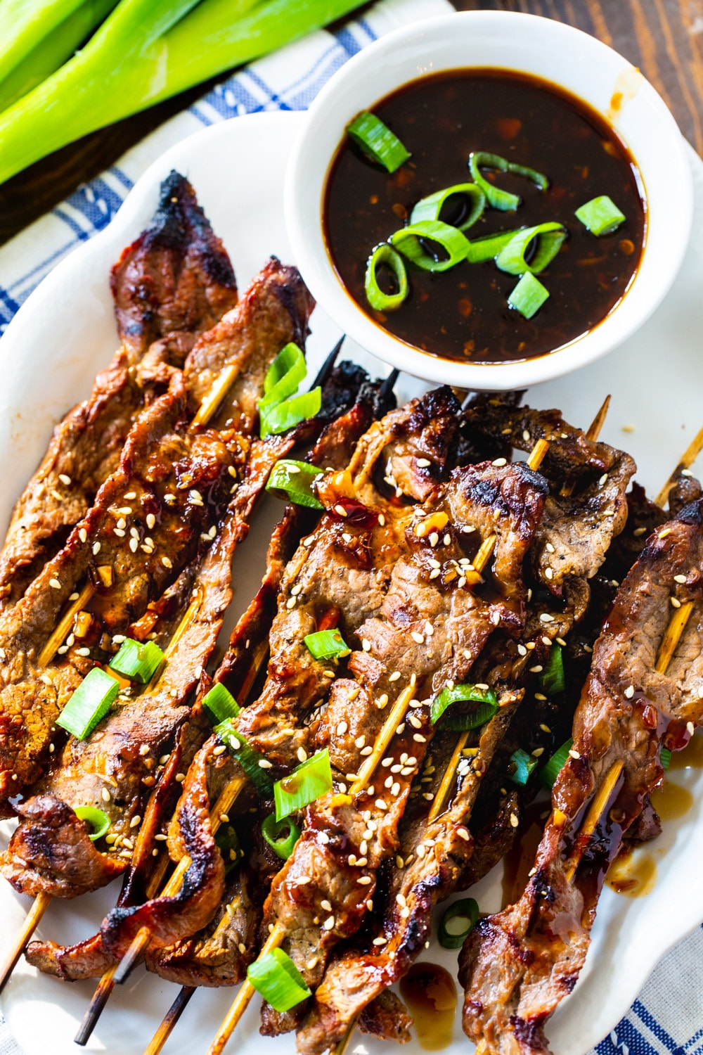 Marinated Steak Skewers with Korean BBQ Sauce on serving platter.