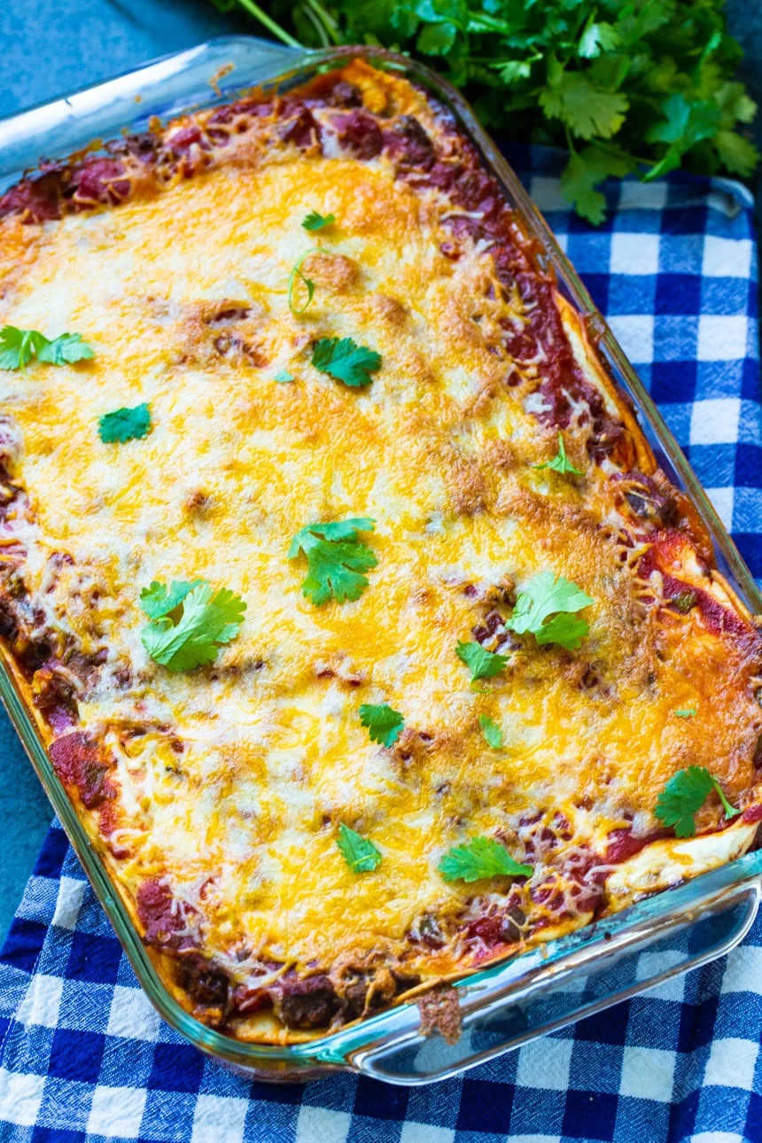Mexican Lasagna in a 9x13-inch pan.