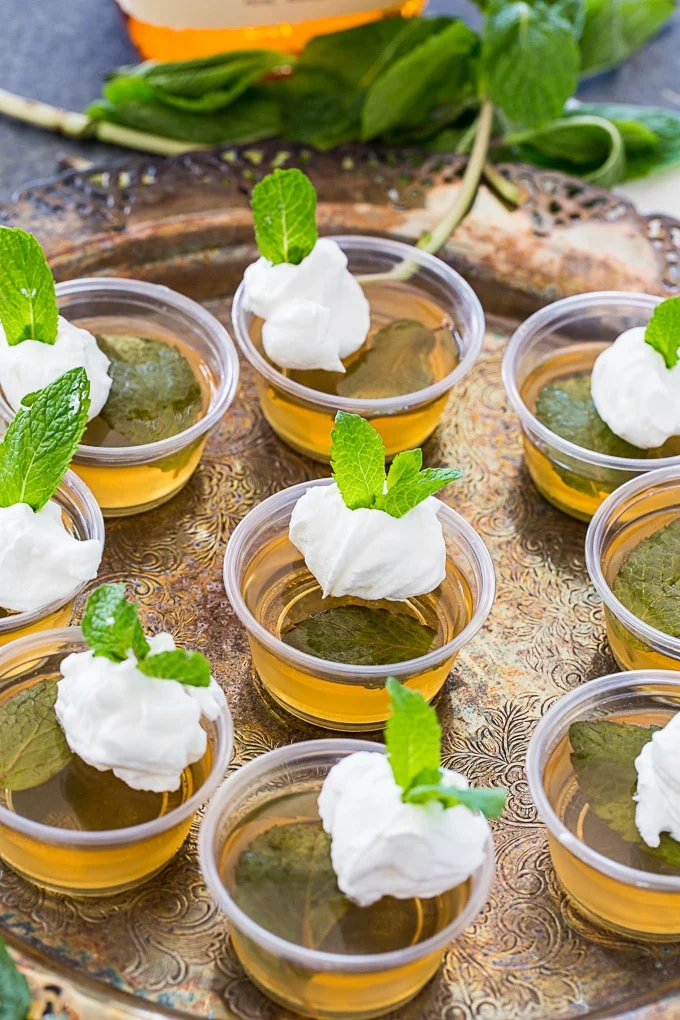 Mint Julep Jello Shots in plastic cups