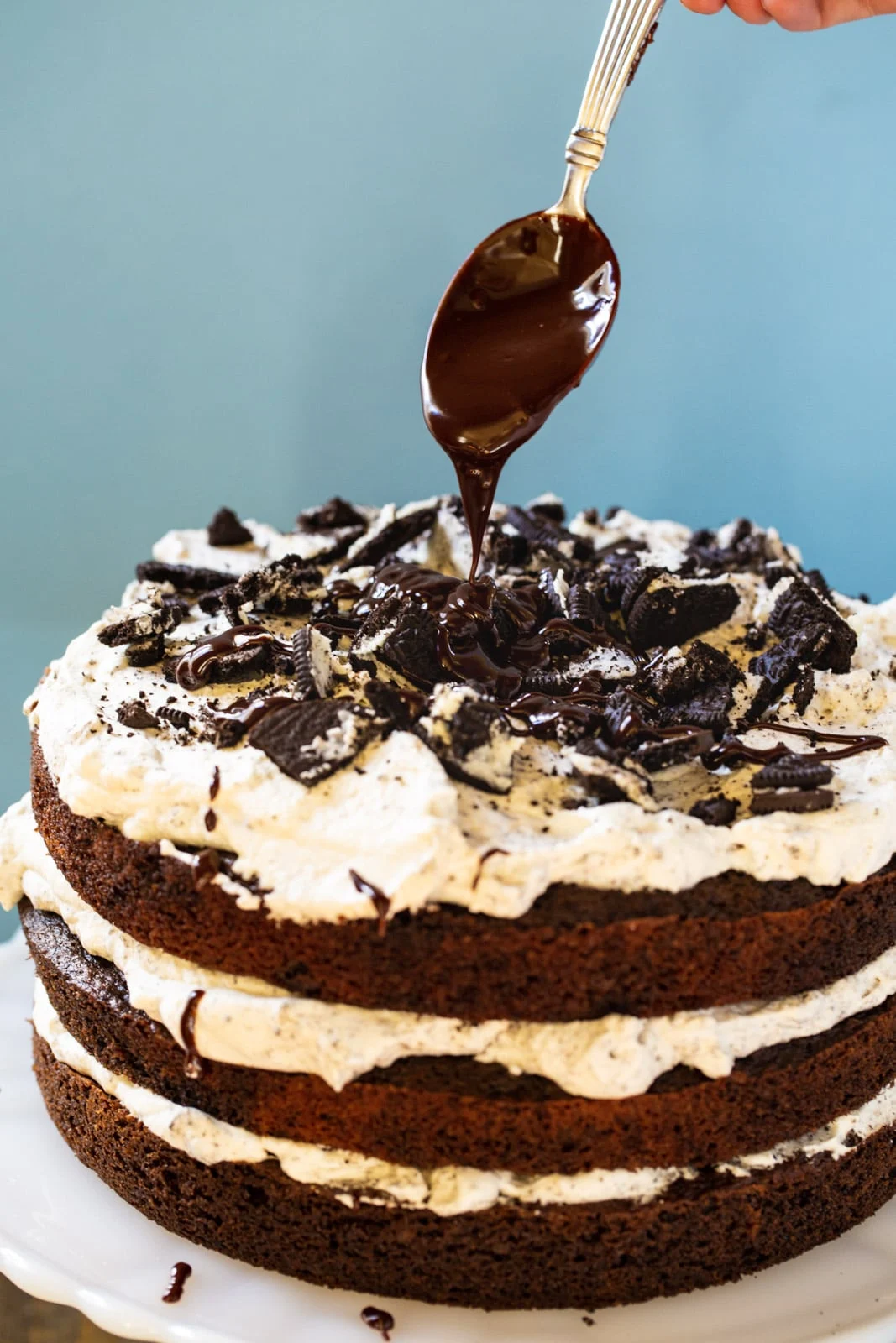 Spoon drizzling chocolate on Mississippi Mudslide Cake.