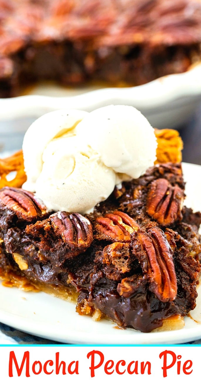 Slice of Mocha Pecan Pie topped with ice cream.