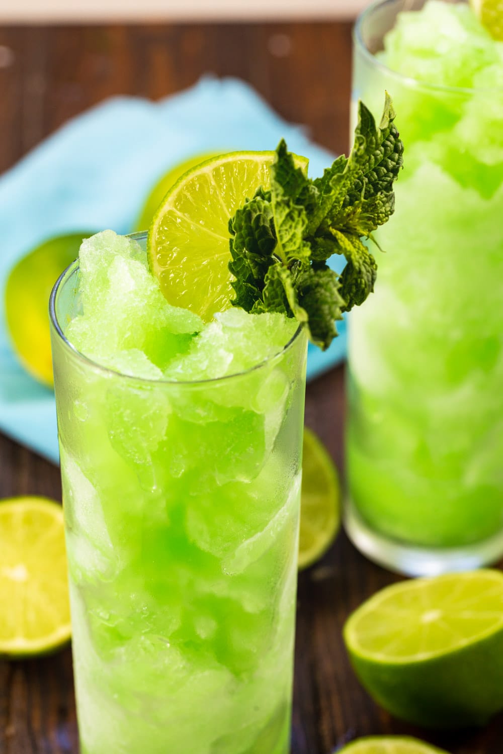 Close-up of frozen Mojito Slushie in a glass.