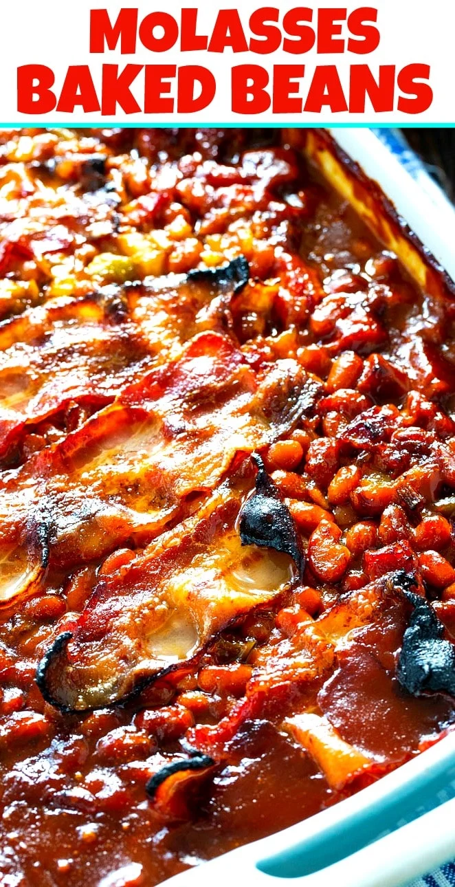 Molasses Baked Beans in a baking dish close-up